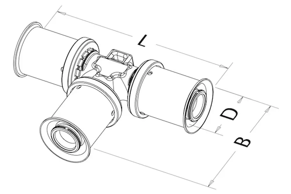 Roth T-Stück mit drei Anschlüssen, die gleichmäßig angeordnet sind. Technische Darstellung zeigt das Design des Produkts ohne spezifische Maße.